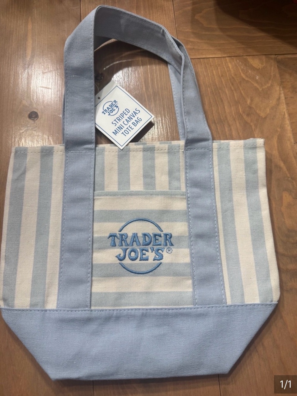 Trader Joe’s Light Blue & Cream Striped Mini Canvas Tote Bag NWT